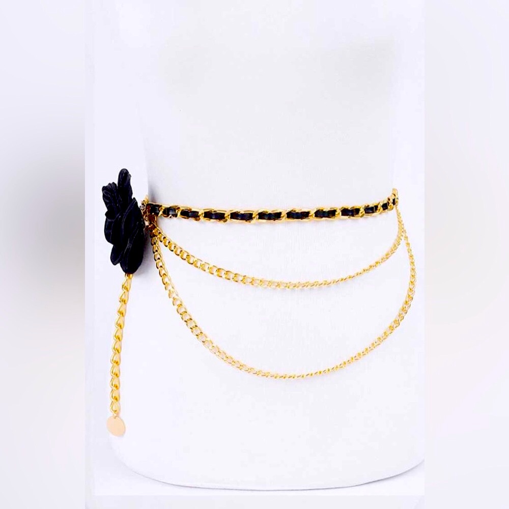 Satin 3-D Flower & Gold Iron Chain Statement Belt